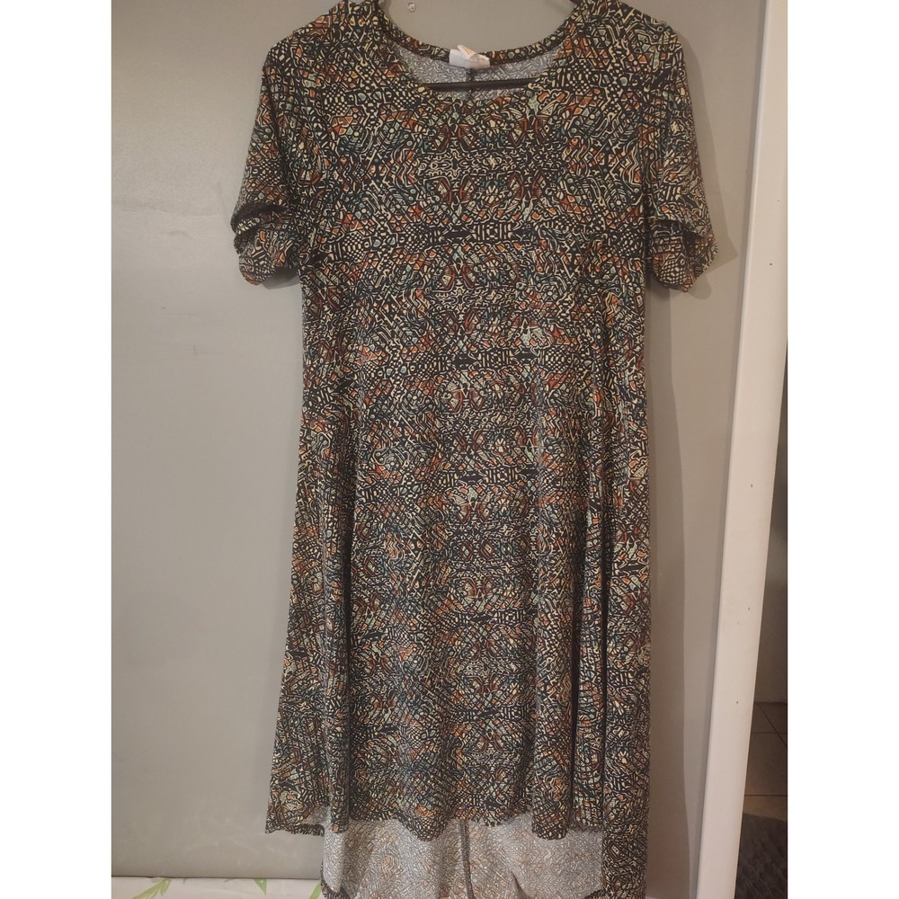 LuLaRoe Carly Dress XS Geometric Mosaic Print High Low Short Sleeve Pocket
